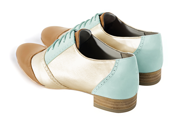 Camel beige, gold and aquamarine blue women's fashion lace-up shoes. Round toe. Flat leather soles. Rear view - Florence KOOIJMAN